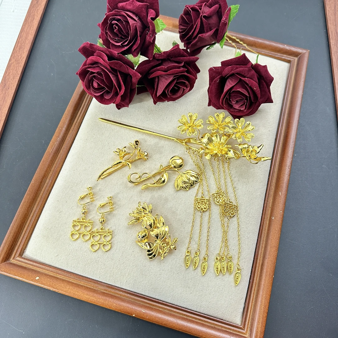 新娘头饰玫瑰花配金钗饰品秀禾服龙凤褂造型配饰古装敬酒服晨袍款