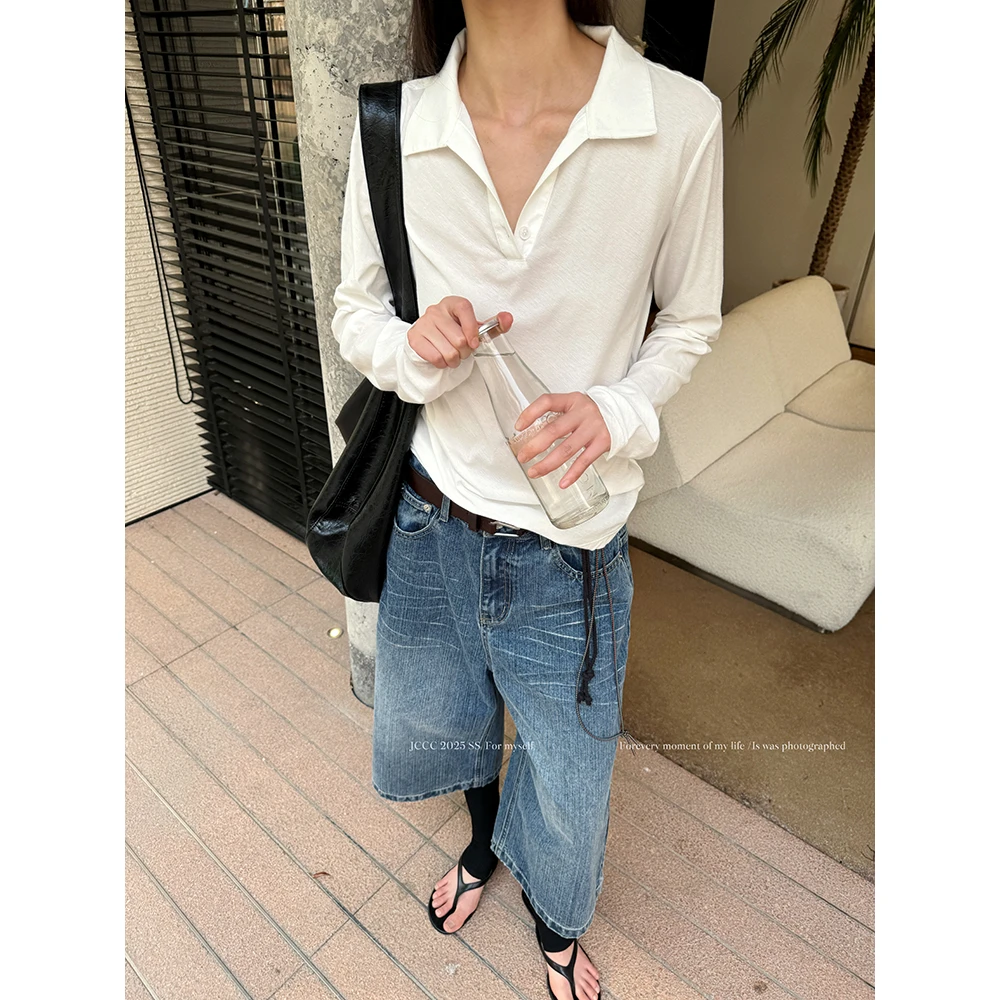 JCCC影子【山泉水】白色极简老钱POLO领休闲长袖T恤JE4FBT15