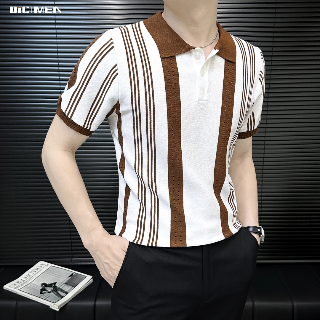 条纹V领polo衫男款爆款2025新款高级感商务休闲设计感男士短袖t恤