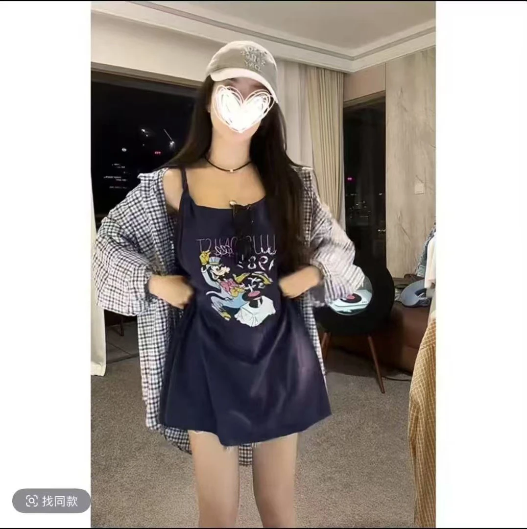 早秋卡通印花吊带复古个性美式时尚百搭上衣格子翻领衬衫两件套