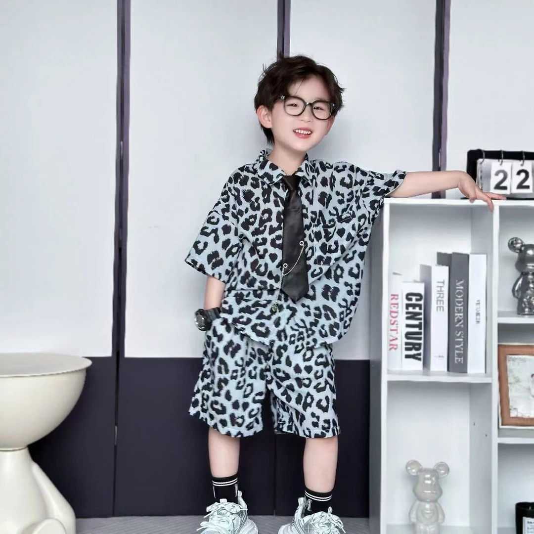 男童夏季洋气休闲豹纹儿童夏季潮流套装上衣网红男男童夏装套装
