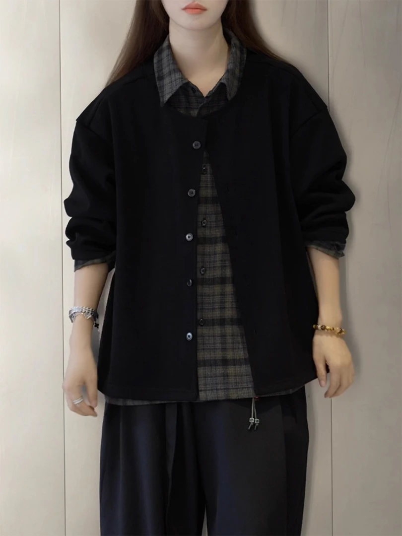 黑色假两件polo领开衫外套男女款秋季美式正肩针织衫夹克痞帅卫衣