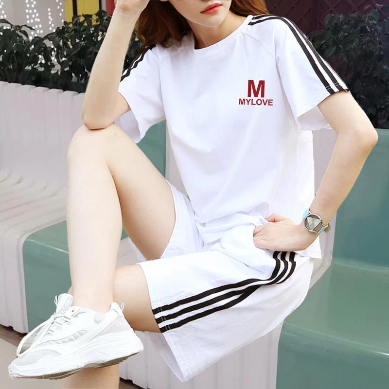 FAVMARTHA.2025年新款潮牌运动服套装女夏季棉短袖t恤+短裤两件套