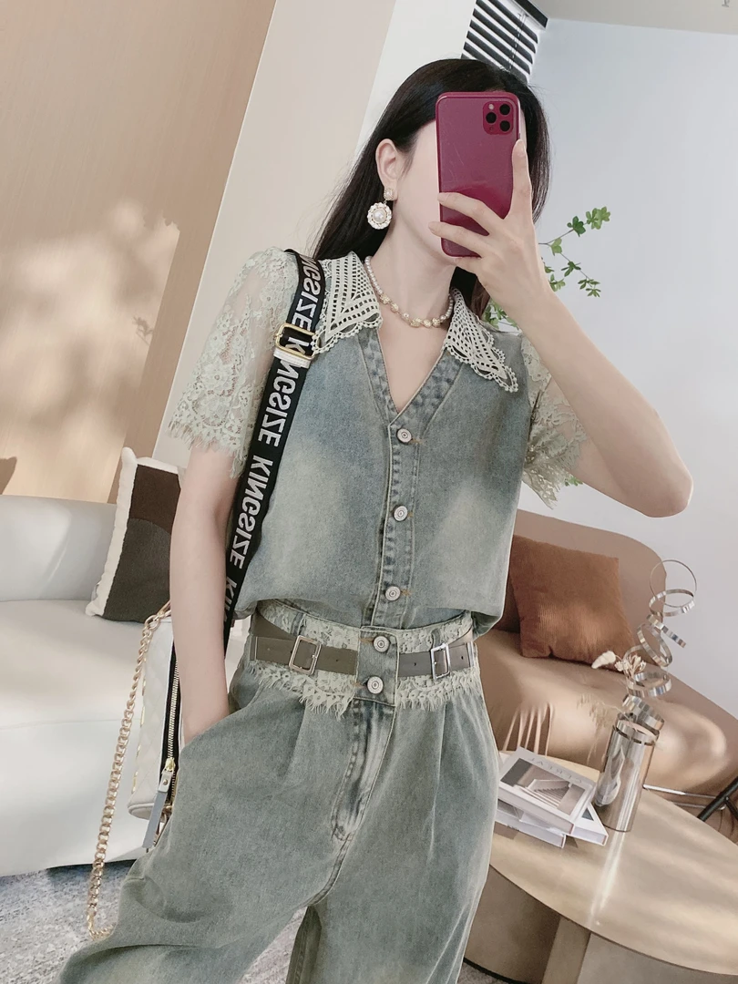 D2【长裤套装】拼接领蕾丝牛仔上衣+固定腰带阔腿裤两件套0816