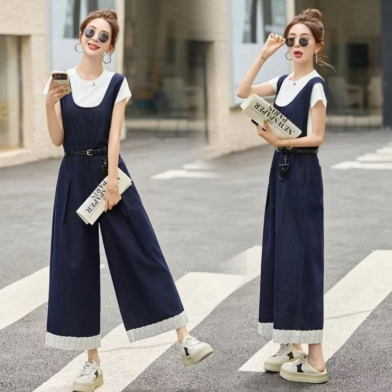 欧洲站2025夏款短袖T恤无袖牛仔背心连体裤两件套宽松阔腿裤套装