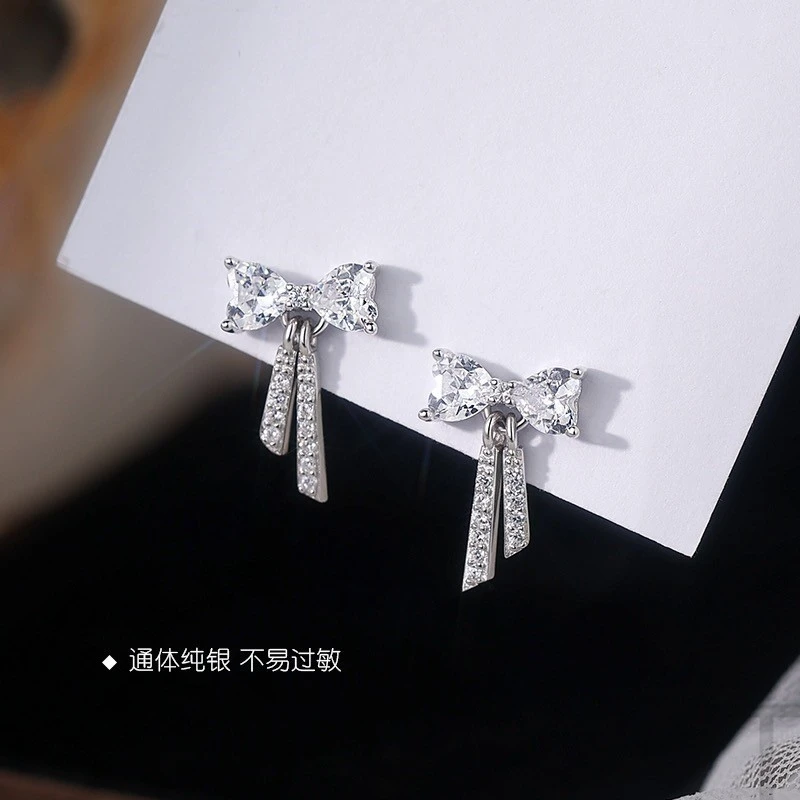 足银耳饰 999纯银蝴蝶结流苏耳钉女小众轻奢耳环气质简约耳饰品