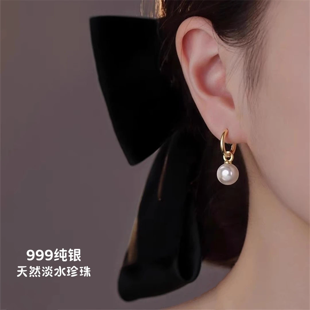 S999纯银近圆天然淡水珍珠耳环小众设计感耳圈耳饰气质女复古耳坠