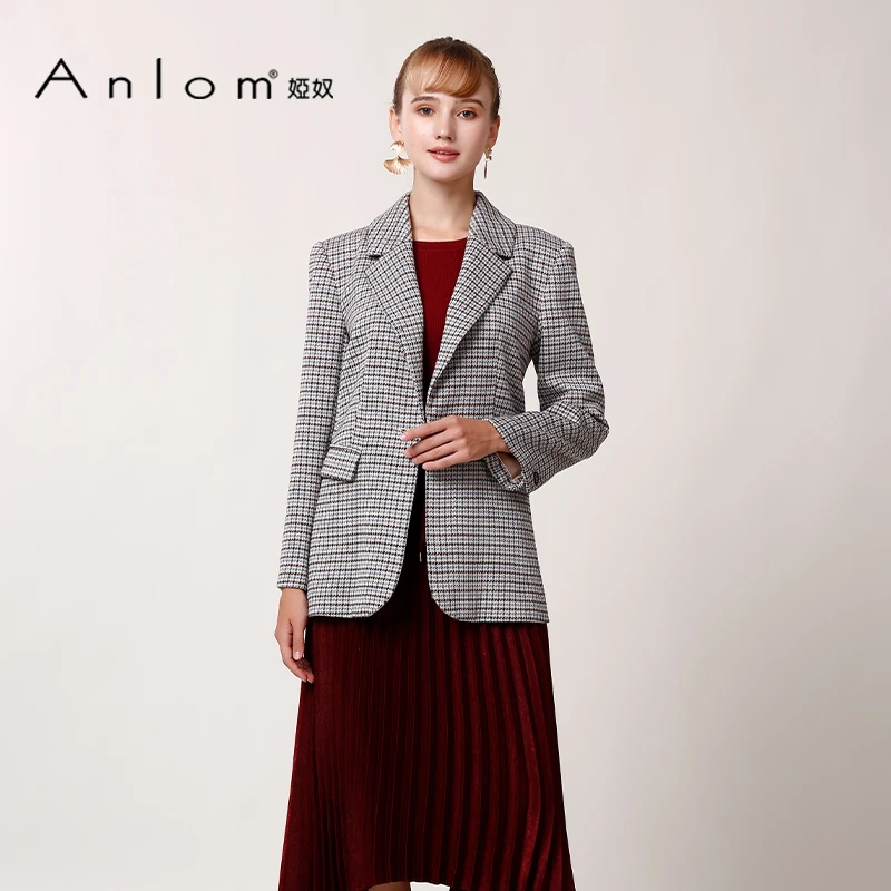 Anlom/娅奴秋季长袖新款西装领格子休闲桑蚕丝针织衫通勤上衣外套