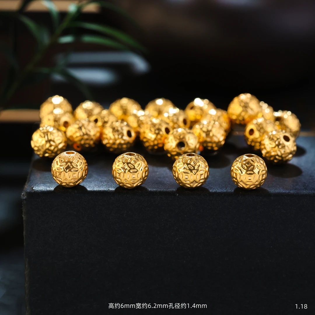 【金豆工厂】18K金6mm厚金版铜钱隔珠转运珠圆珠手串项链配件D