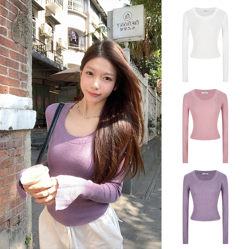 Moses Queen/魔西女王紫色U领针织打底衫女内搭辣妹风短款上衣服