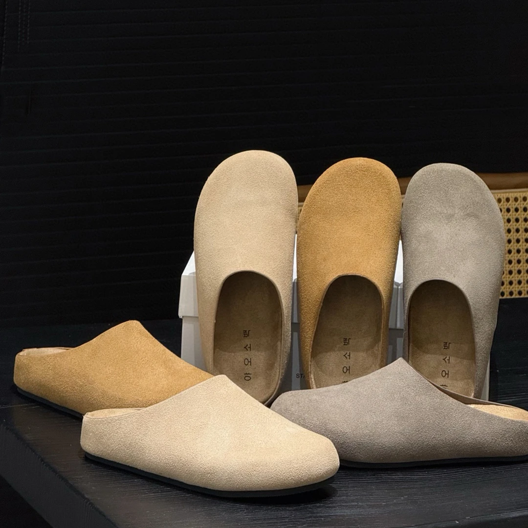 row极简风博肯拖外穿一脚蹬懒人鞋秋季牛皮圆头复古休闲包头半拖