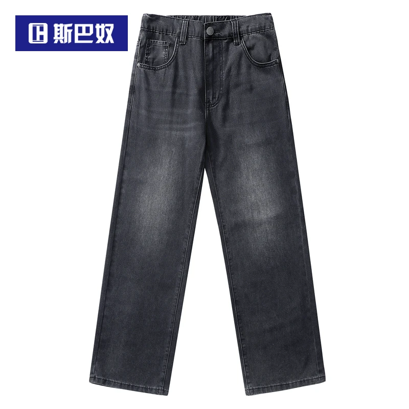 斯巴奴宽松垂坠直筒牛仔裤男2025春季新款黑色百搭休闲春秋装裤子