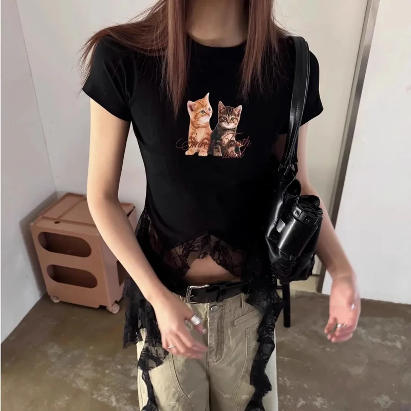 【猫猫定制】高街辣妹纯欲印花蕾丝拼接显瘦时髦不规则T恤个性修身