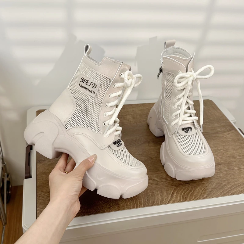 镂空2025夏季新款厚底增高薄款马丁靴女松糕鞋休闲鞋网面短靴