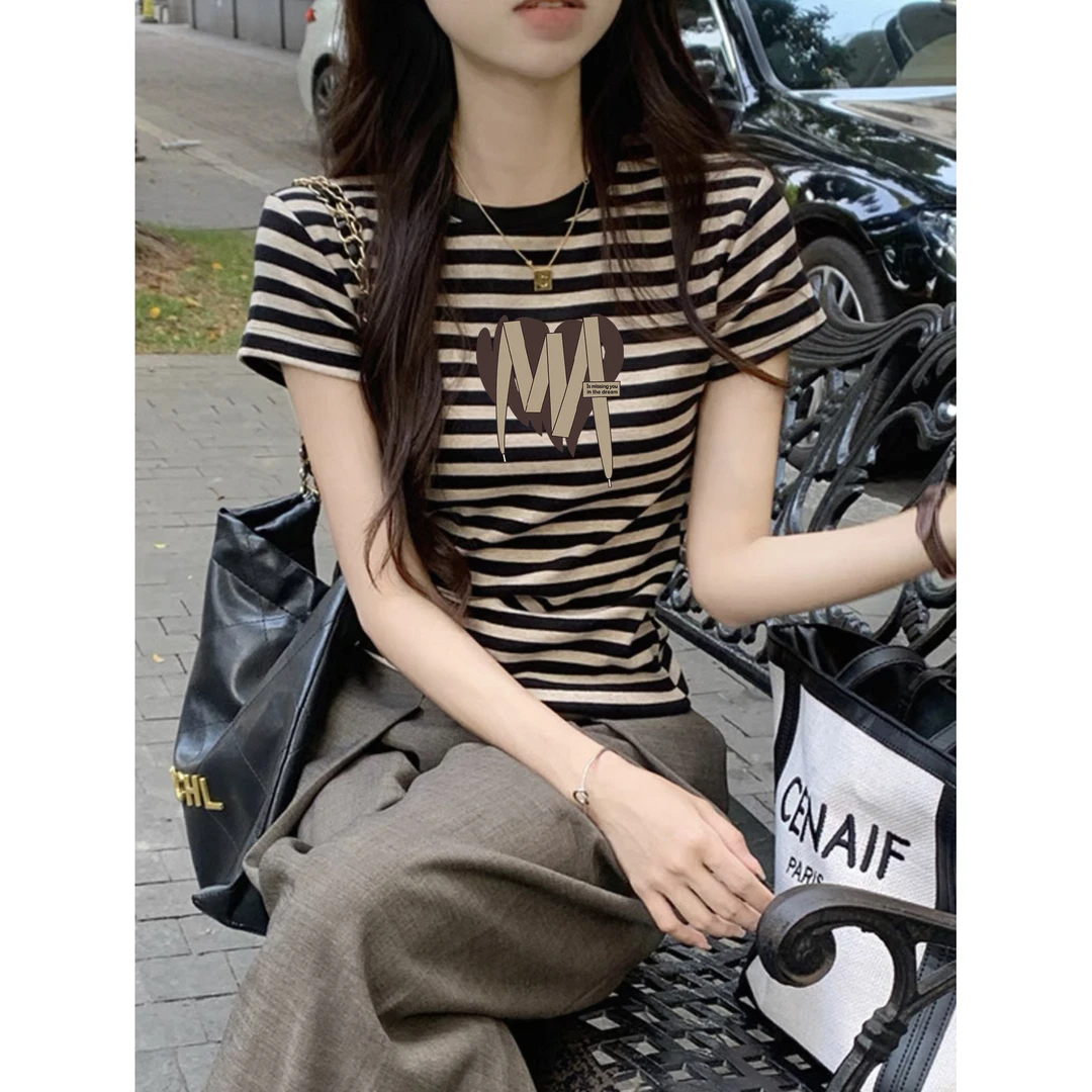 经典撞色条纹短袖t恤女春夏2025新款休闲简约小个子圆领修身上衣