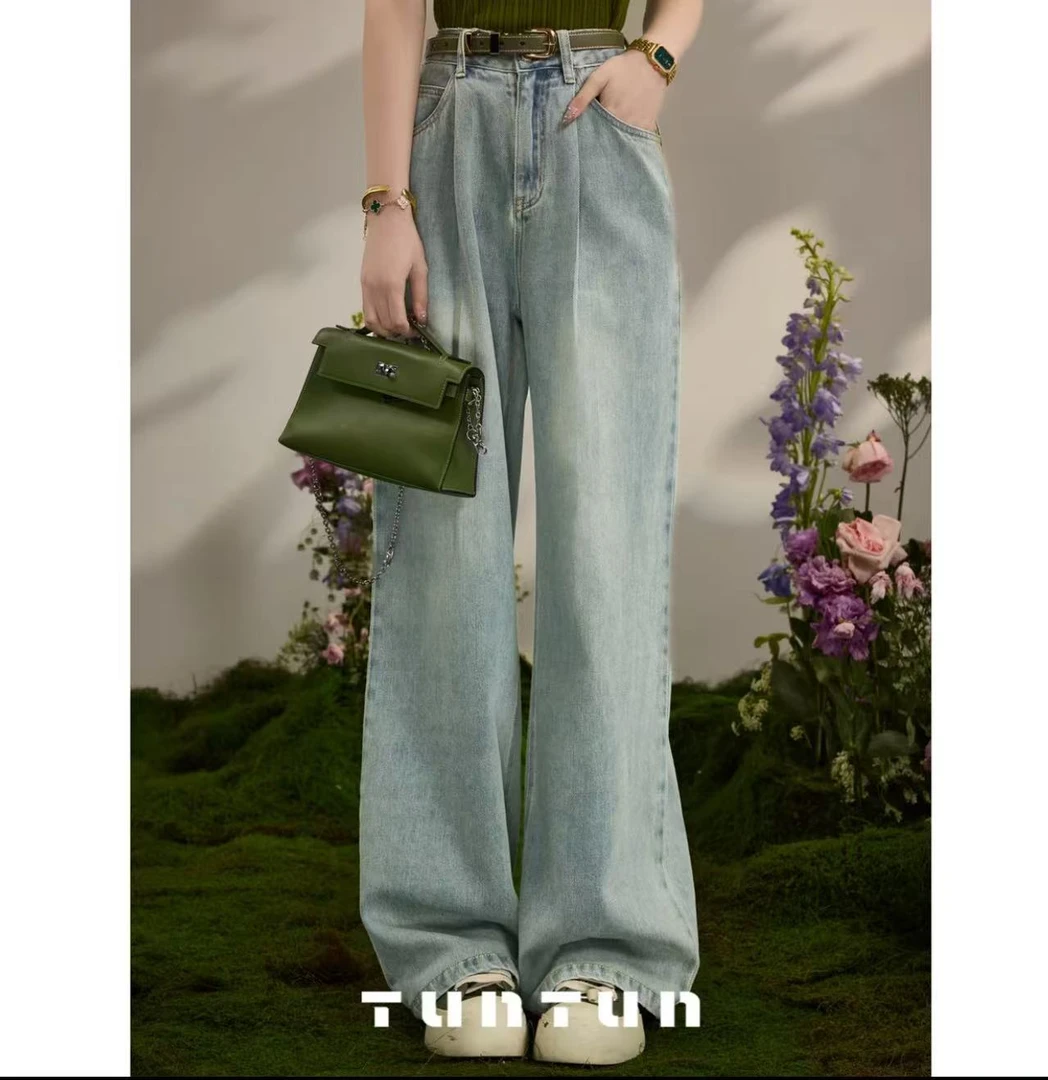 小众设计【褪色唱片】春季直筒百搭小众显瘦水洗高腰牛仔裤