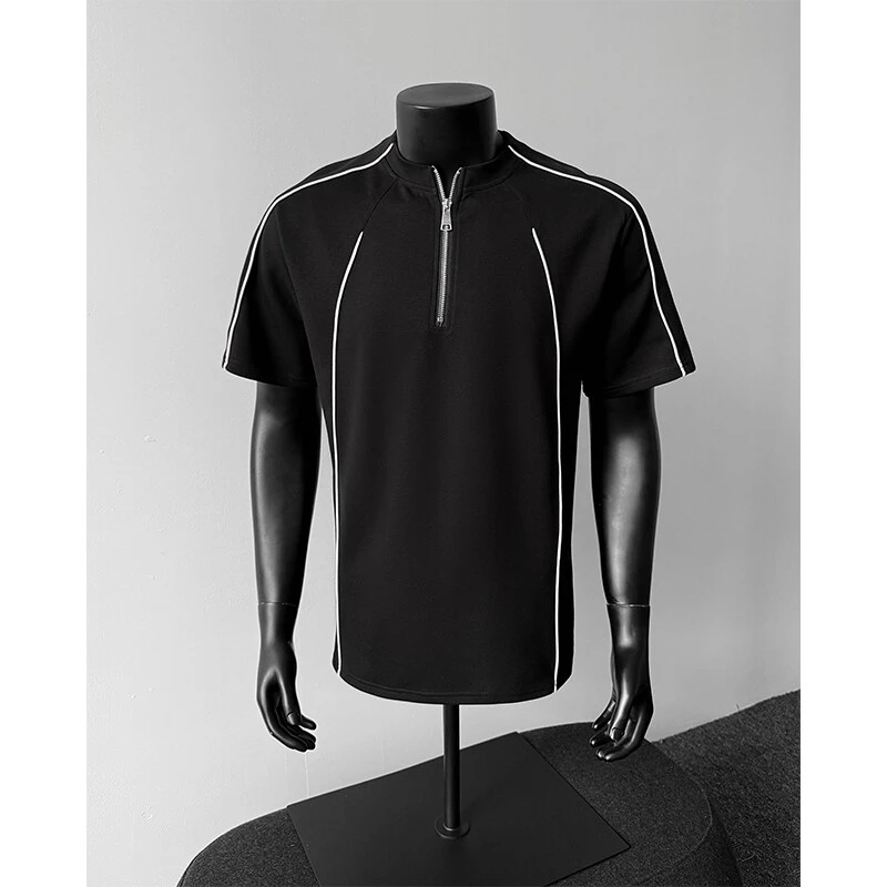 半拉链机车短袖T恤男款夏季辑明线解构正肩美式高街cleanfit半袖