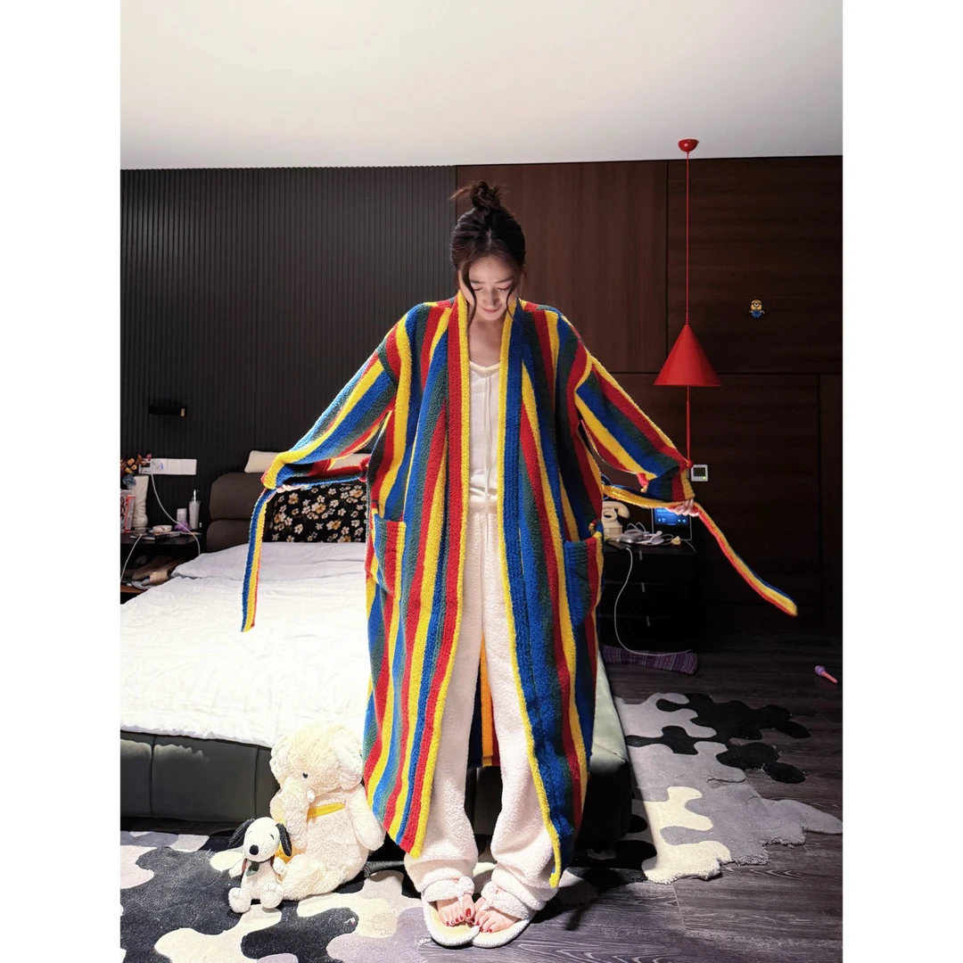 DOUBLEOO海岛绒睡袍加睡裤冬天加厚珊瑚绒条纹情侣长款无领