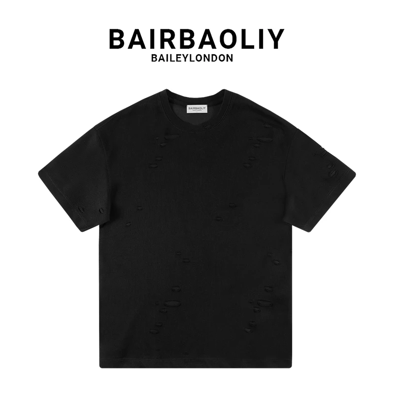 BAIRBAOLIY重磅破洞短袖T恤随性风设计感纯色修身版短袖T恤男装