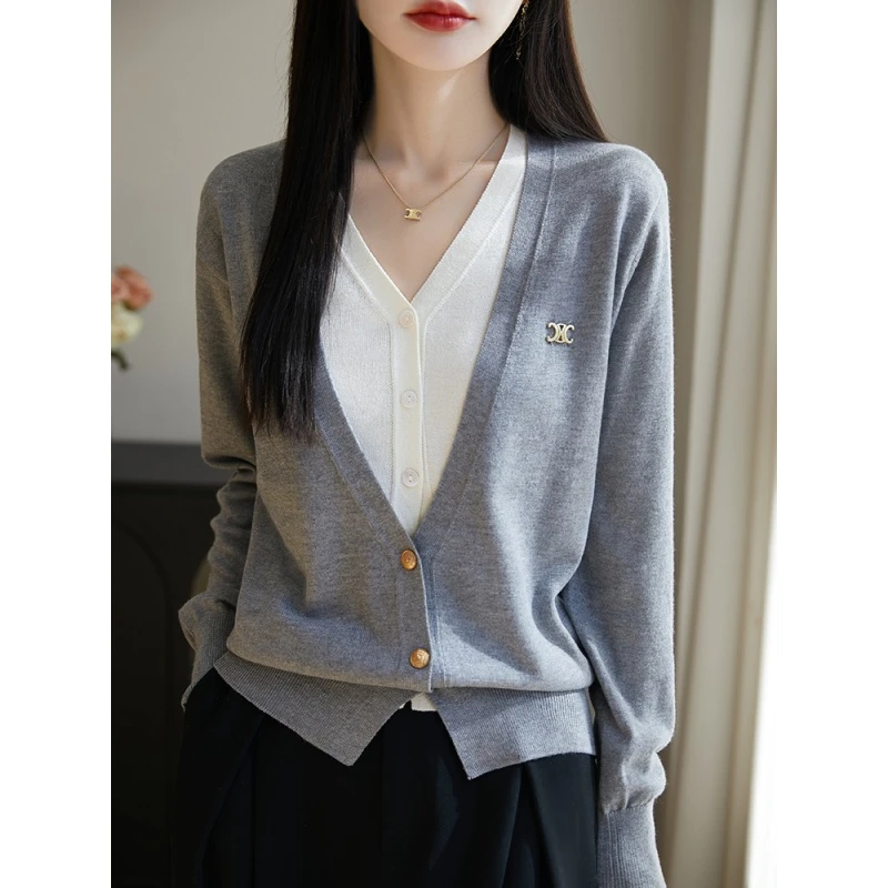 （桐君专属）2025春秋新款v领宽松假两件薄款拼色长袖针织开衫2456