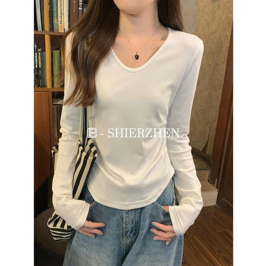 2025早春韩版v领褶皱显瘦设计感简约百搭长袖内搭T恤上衣女