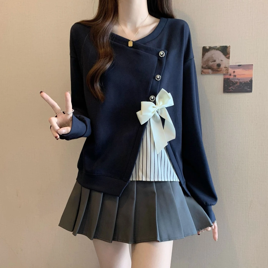 大码复古假两件长袖卫衣女装新款秋季蝴蝶结胖MM遮肉显瘦上衣