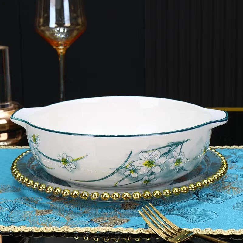 釉下彩水仙花带双耳23cm汤盆大汤碗2个装家用陶瓷餐具