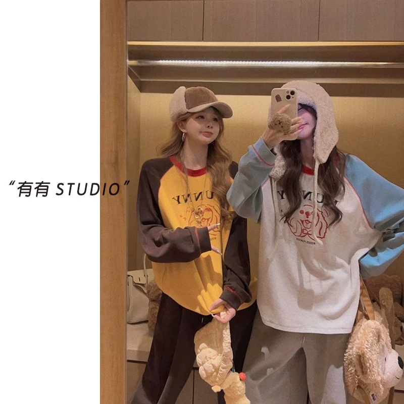 「插肩袖小狗」韩系！撞色拼接减龄卡通女士长袖T恤