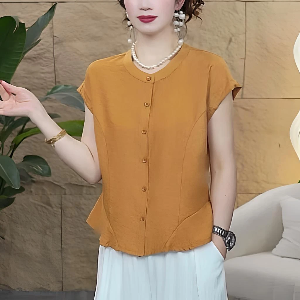 【歌莱图】2025夏圆领纯色拼接设计感薄款舒适短袖衬衣女上衣#9008