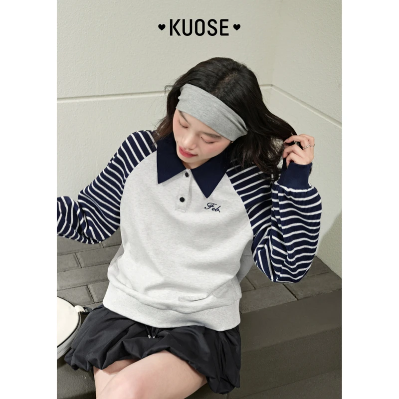 【陈大可专属】阔色条纹Polo卫衣长袖T恤女2025新款上衣KSD2412006