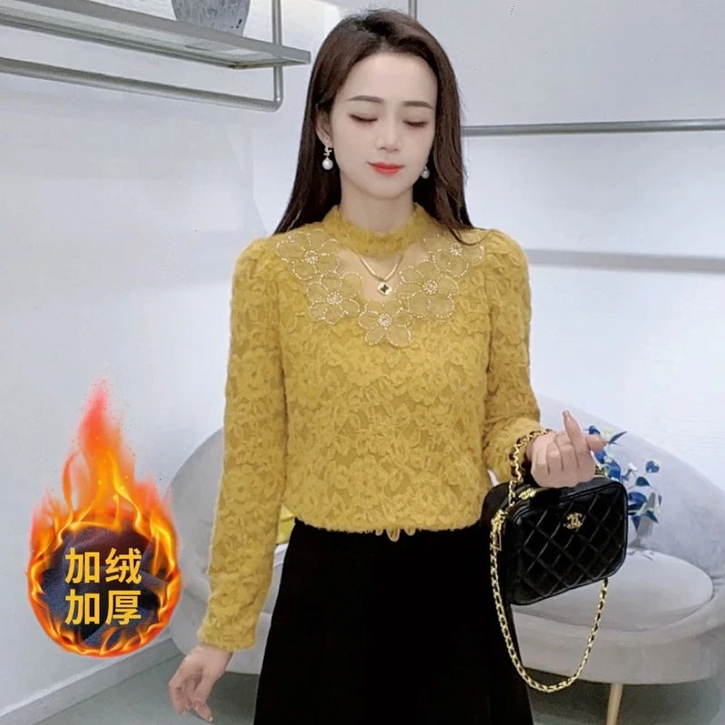时尚蕾丝打底衫女士2025秋冬新款半高领保暖气质减龄加厚加厚上衣