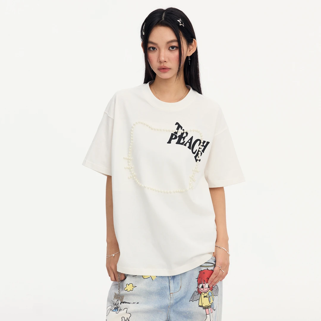 Teach Peace 珍珠猫趣味字母蝴蝶结短袖宽松简约风钉珠圆领T恤夏