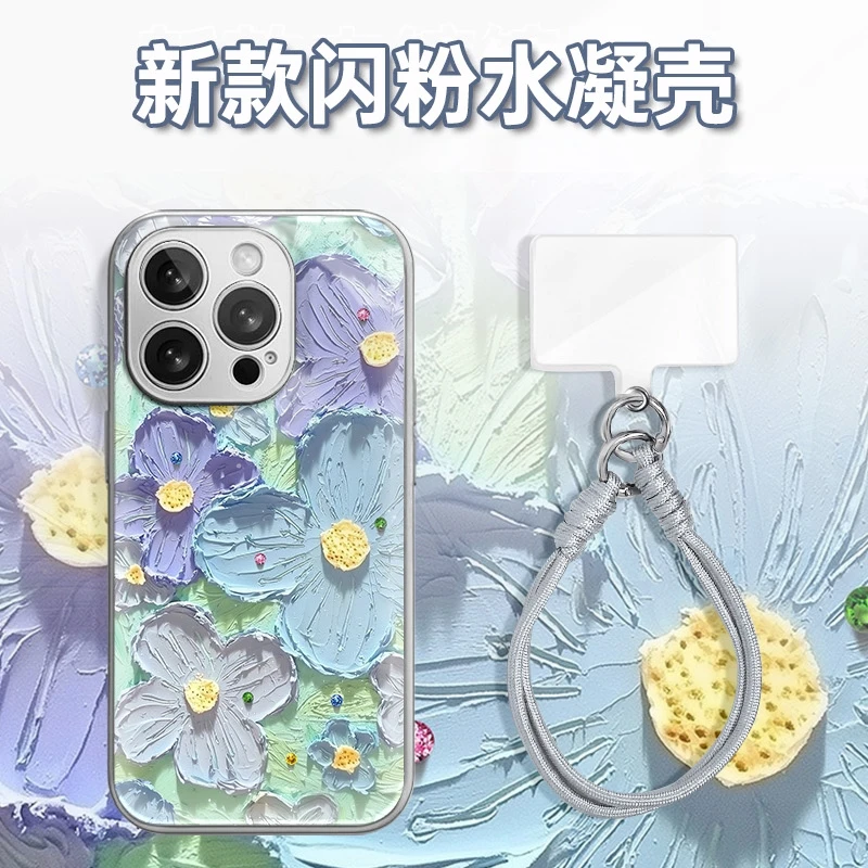 油画紫蓝花朵水凝玻璃壳适用iPhone苹果16手机壳华为oppo小米vivo