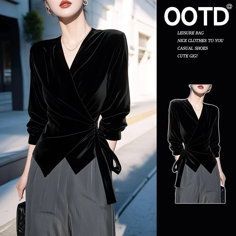 秋冬独特别致黑色v领丝绒衬衫女高级设计感小众收腰长袖绝美上衣