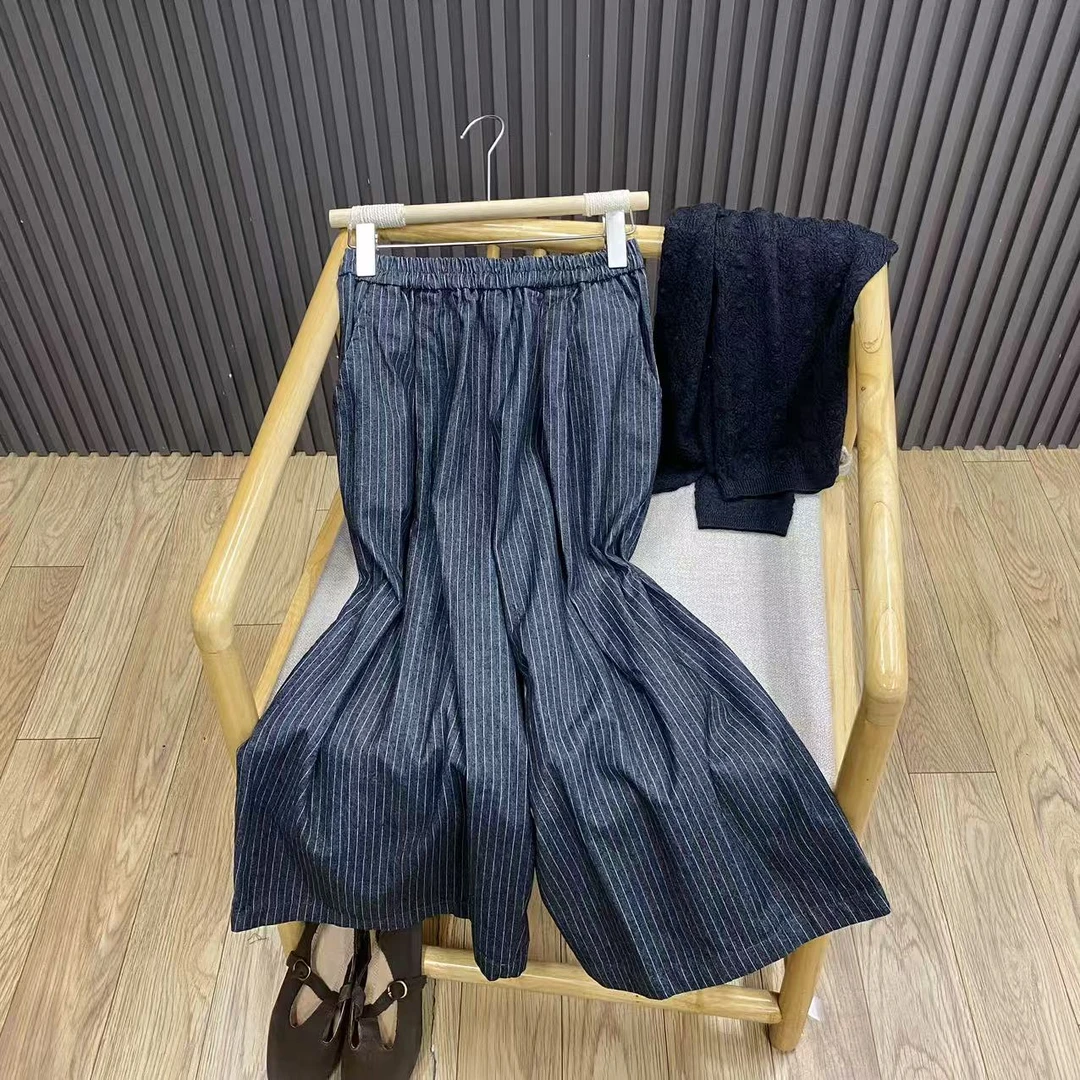 早秋复古竖条纹纯棉阔腿裤松紧高腰显瘦百搭松弛感九分裤女K216