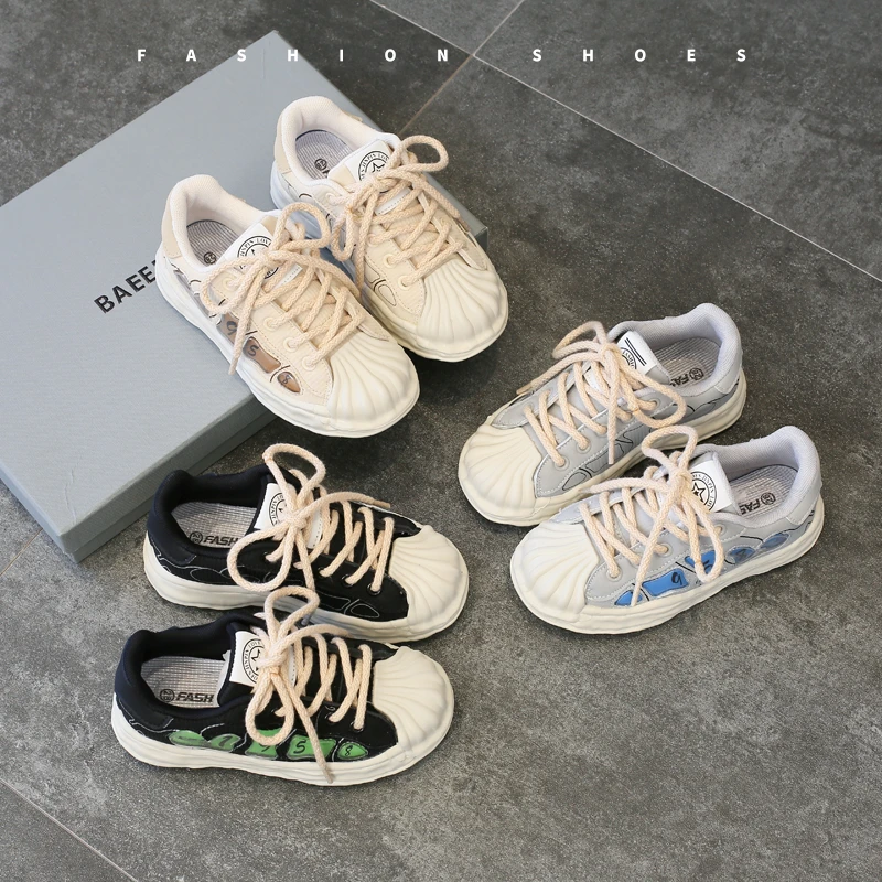 小众设计贝壳头帆布鞋男女增高厚底黑白色板鞋丑萌牛仔情侣大头鞋