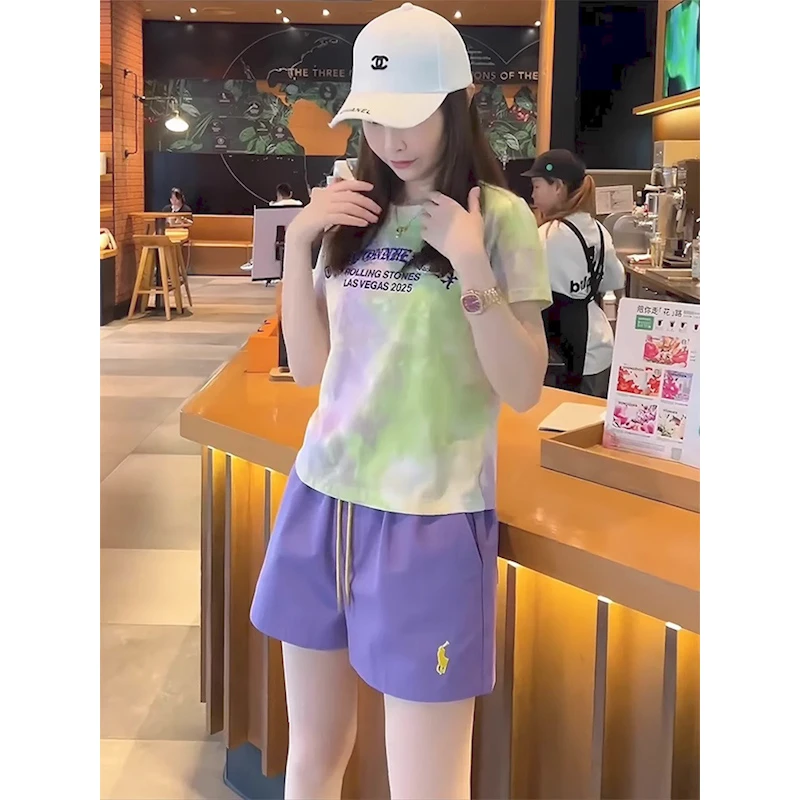 韩版高级感休闲时尚女装夏季洋气撞色圆领短袖上衣宽松短裤两件套