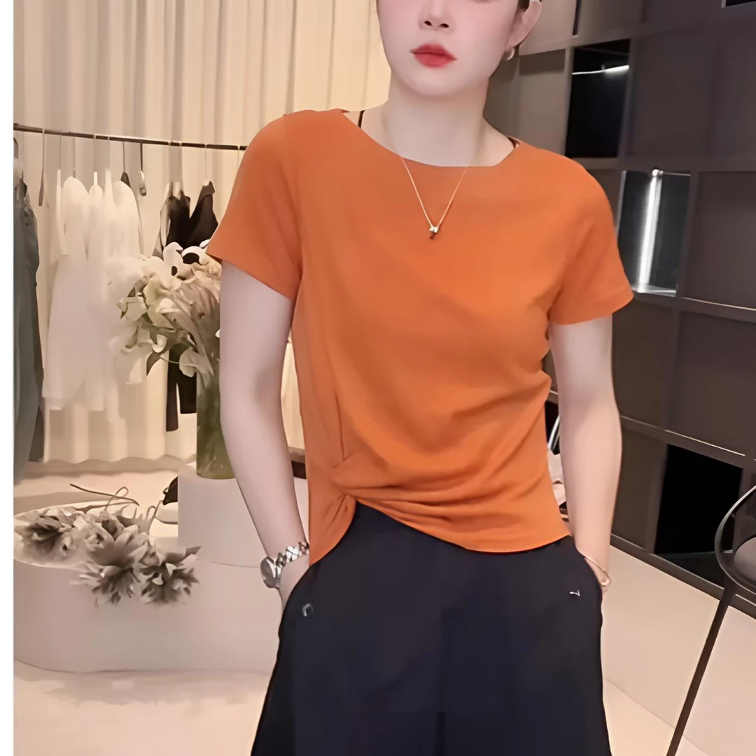 2025夏季新品洋气一字领设计感时尚百搭短袖T恤气质显瘦上衣女678