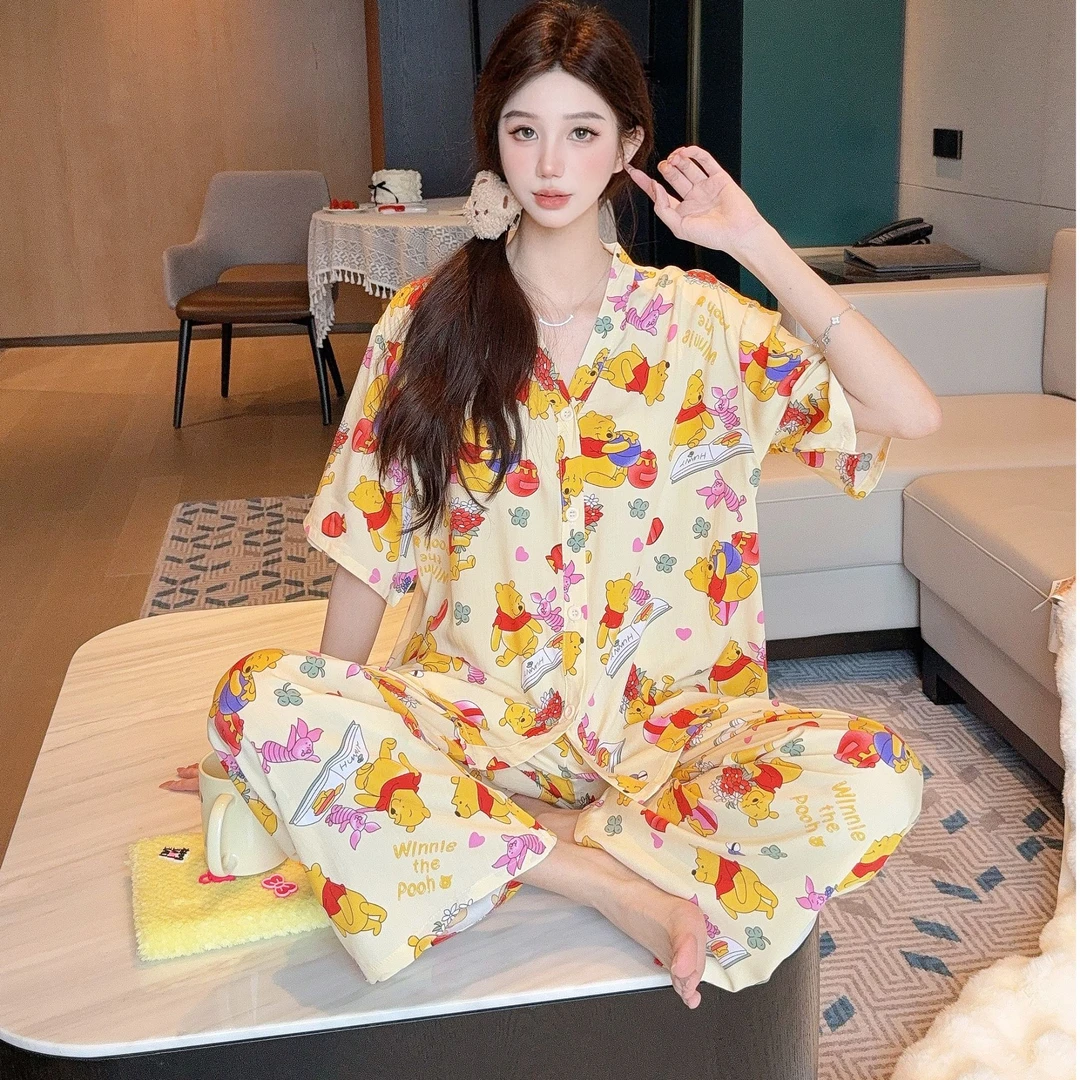 【维尼小熊】2025夏季绵绸可爱卡通甜美宽松印花薄款睡衣套装