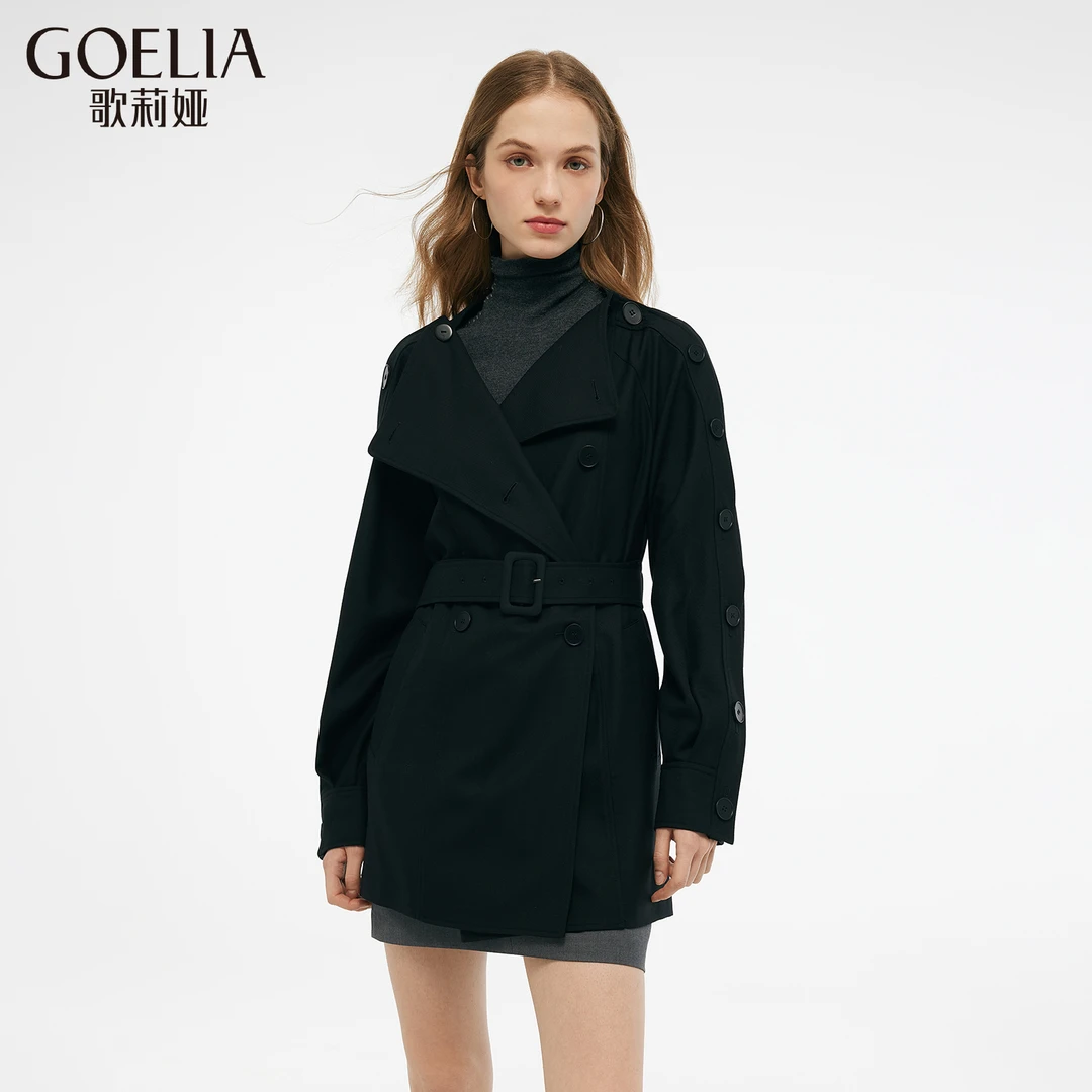 歌莉娅春精纺绵羊毛风衣外套配腰带通勤黑色轻奢中长款1E2C6L1MA