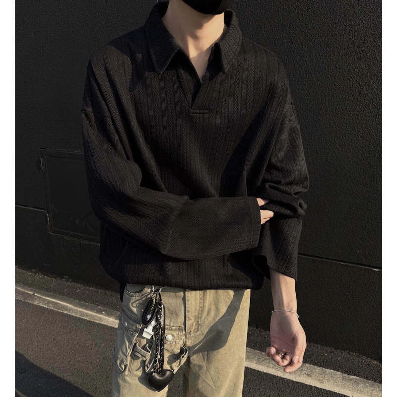 2025年春装男士纯色翻领T恤打底衫美式老钱风高街情侣小众卫衣103