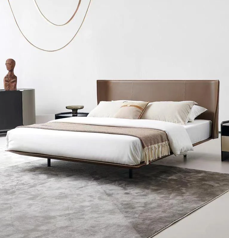 意式极简皮艺床超薄可调节真皮床大床单人北欧酒店皮床实木床