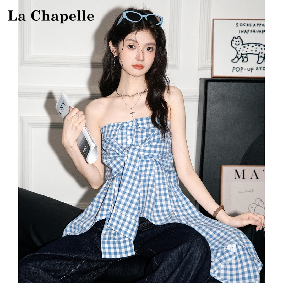拉夏贝尔蓝色格子衬衫女夏季设计感不规则下摆绝美一字肩抹胸上衣