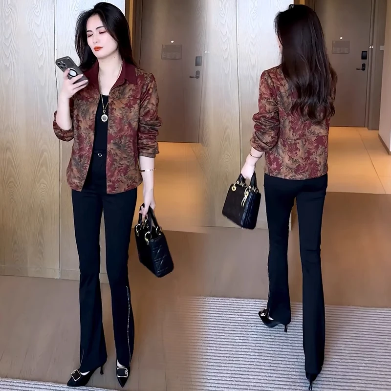 时尚印花短外套女2025秋季新款洋气显瘦翻领长袖休闲百搭夹克上衣