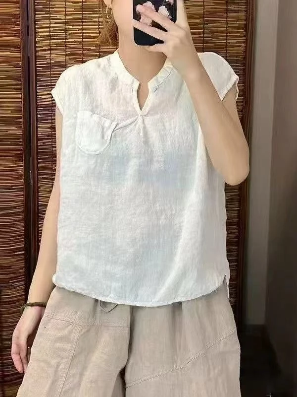 【亚麻小V领落肩袖背心】3334