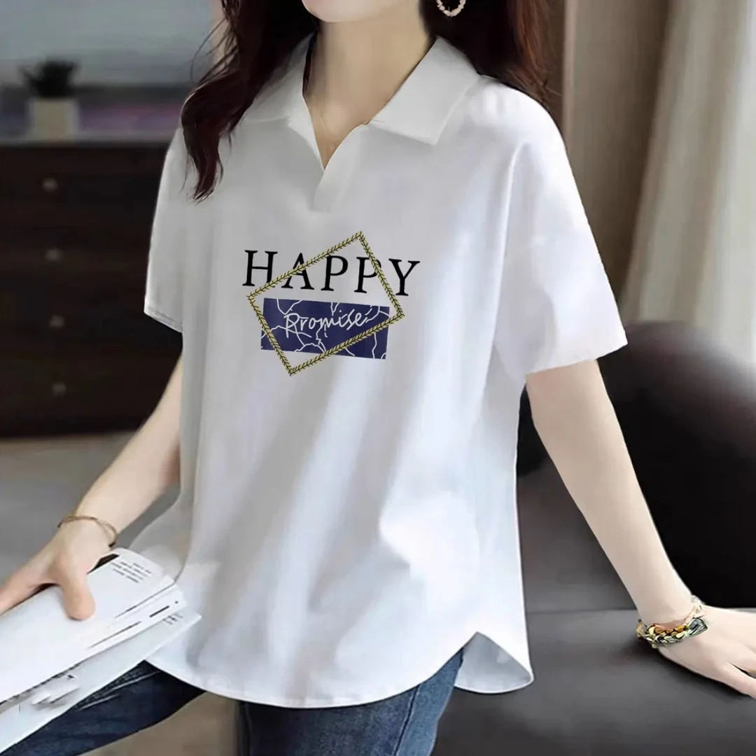 啄木鸟白色POLO衫女短袖夏季休闲胖MM大码宽松显瘦下摆翻领T恤潮