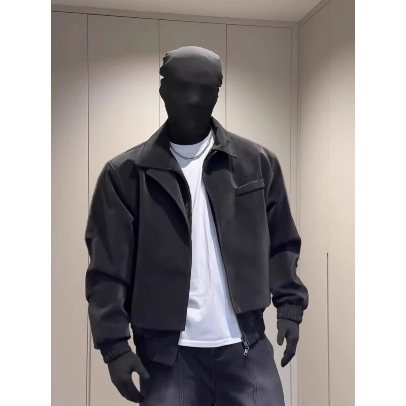 黑色短款垫肩夹克男款春秋季假两件设计感上衣cleanfit翻领外套