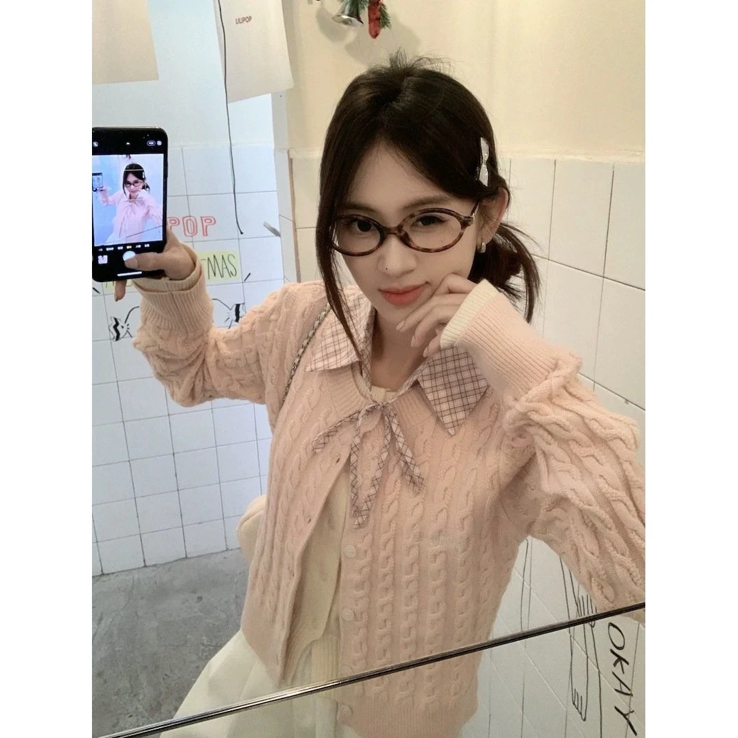 2025早秋温柔复古学院风假两件毛衣外套女冬季新款减龄针织开衫