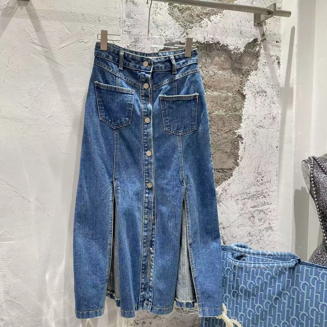 休闲风半身裙常规高腰长裙春季牛仔薄款半裙潮流拼接A06