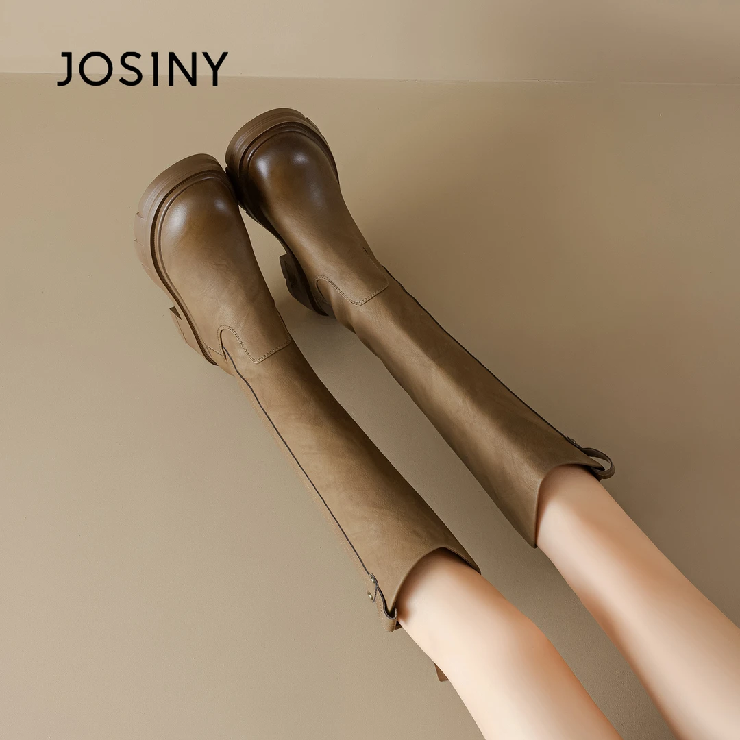 卓诗尼靴子2026秋冬季时尚百搭新款粗跟小个子女款长筒圆头骑士靴